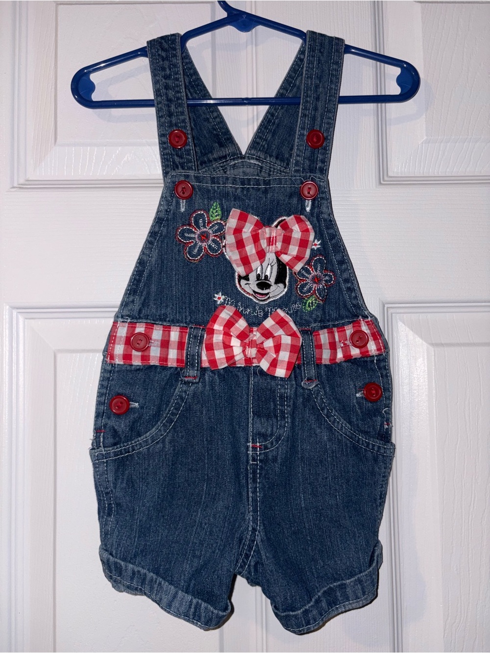 Vintage Disney Minnie Mouse Denim Overalls with Red Gingham Bows 12M